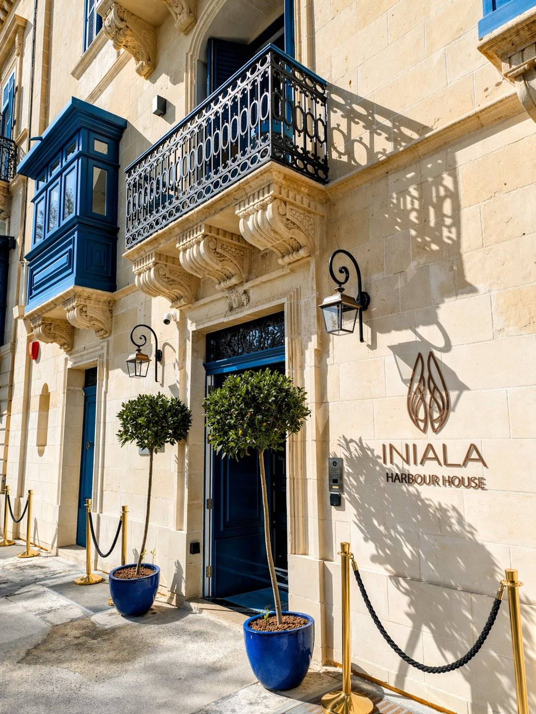 The entrance to Iniala Harbour House Valletta on St. Barbara Bastion, with restored 17th-century facade, signature Maltese blue shutters, and the Iniala nameplate
