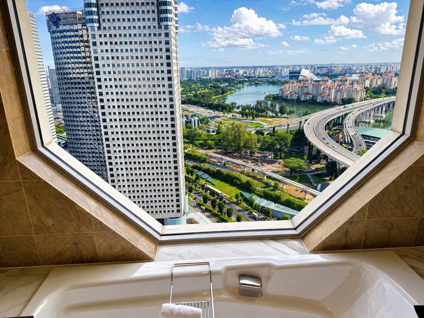 The signature octagonal bathroom window at The Ritz-Carlton, Millenia Singapore, designed by Pritzker Prize winner Kevin Roche, with views from the bathtub across Marina Reservoir, Tanjong Rhu, Singapore Sports Hub, and the Benjamin Sheares Bridge