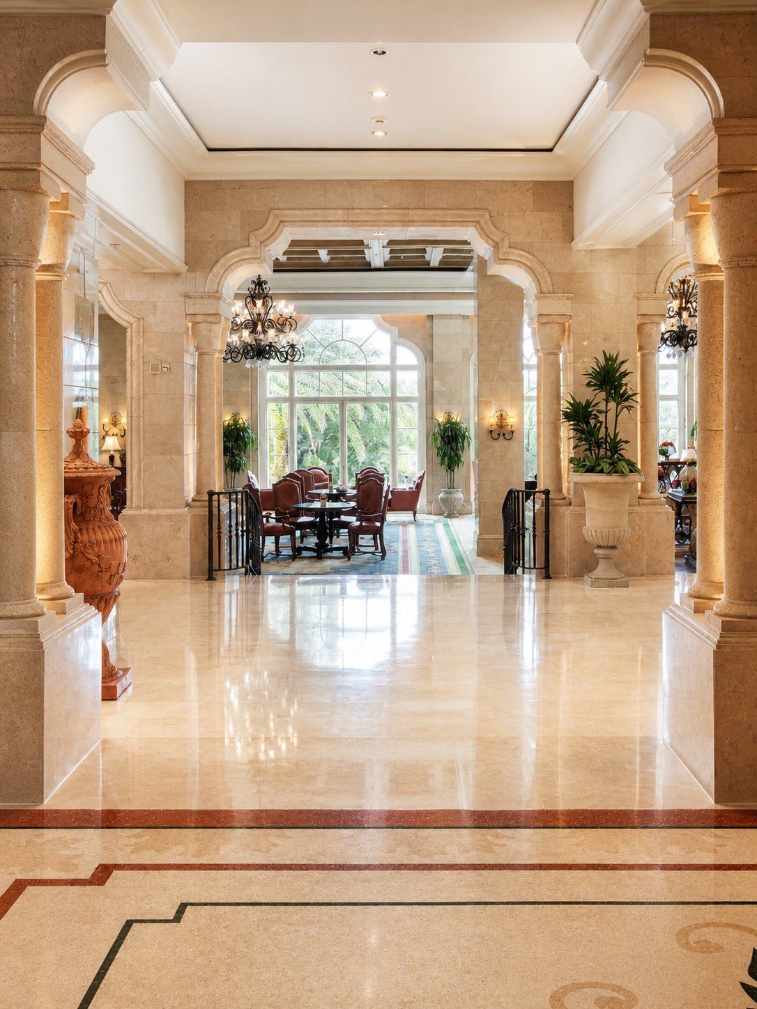 The Italian palazzo-style lobby at The Ritz-Carlton Orlando, Grande Lakes, with travertine columns and a triple-arched grand entry, wrought-iron candelabra chandeliers, hand-painted terracotta urns, and palladian-window conservatory views over the 500-acre Grande Lakes resort gardens