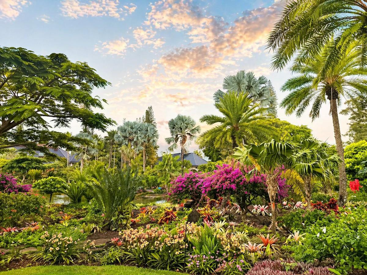 The tropical botanical gardens at Sensei Lanai with bromeliads, bougainvillea, tropical palms, and native Hawaiian plant species at sunset