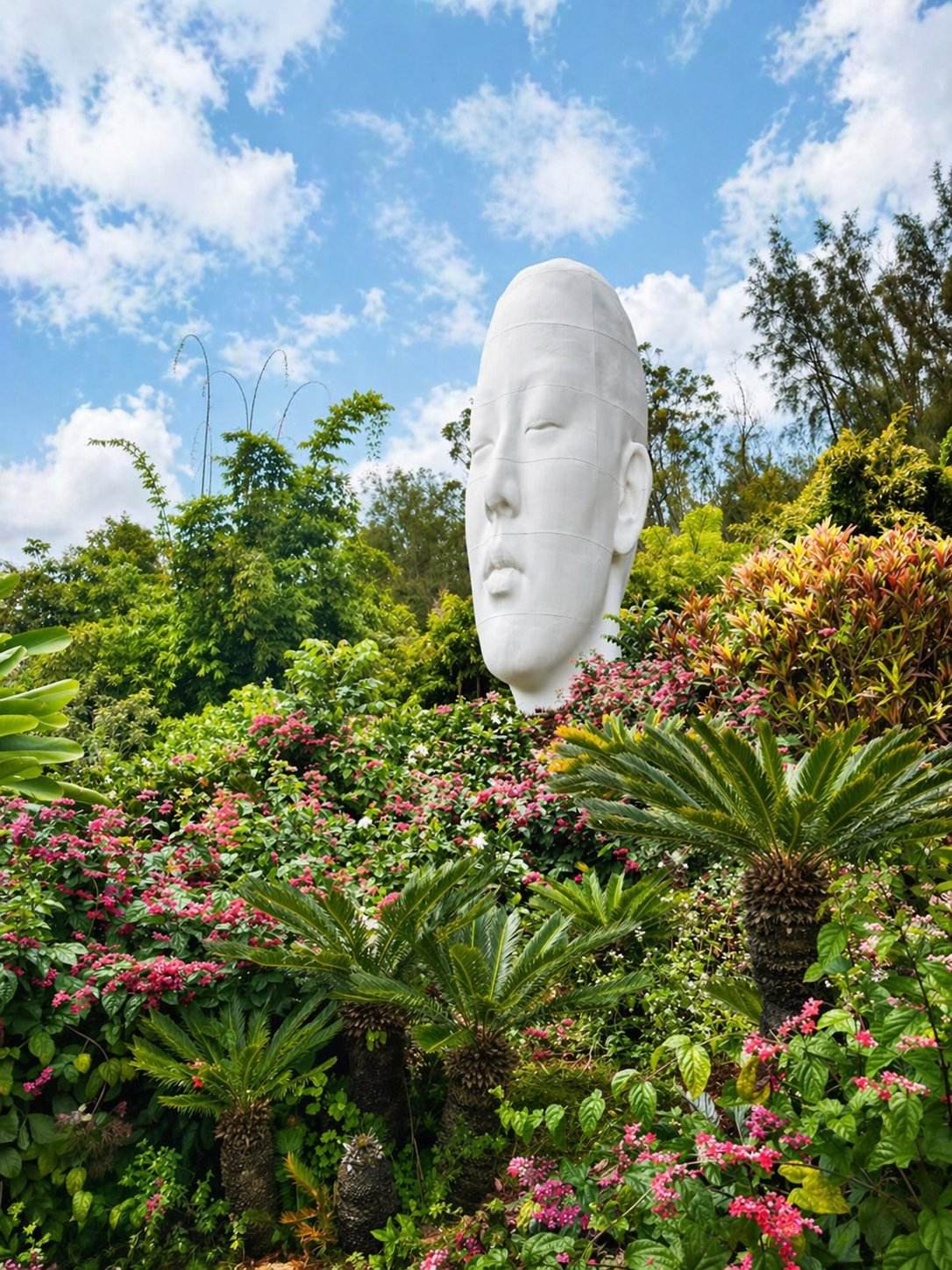 A white marble head sculpture by Catalan artist Jaume Plensa in the gardens at Sensei Lanai, part of Larry Ellison's private art collection