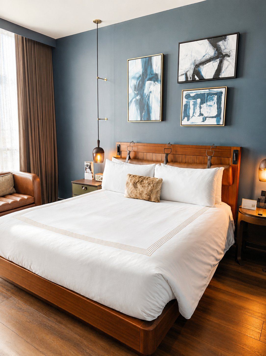 A king guest room at Thompson San Antonio - Riverwalk, by Hyatt, with the residential-style interior design by Mariana Valero of Amass & G: a custom walnut bed and leather-strap headboard, wide-plank hardwood floors, a tan leather lounge chair, a slate-blue accent wall, a brass pendant light, and a trio of blue-and-white abstract artworks